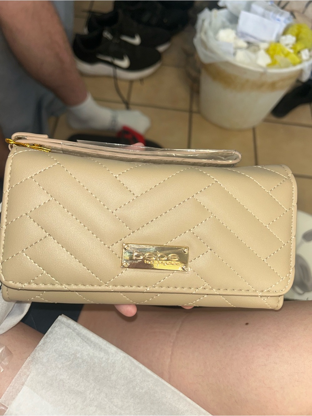 bebe Quilted Cream Shoulder Wallet with Gold Plaque